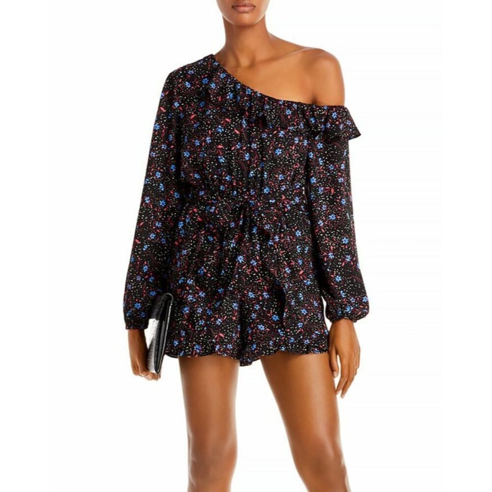AQUA Womens Formal Romper Sz S Black Floral Long Sleeve Off the Shoulder Evening